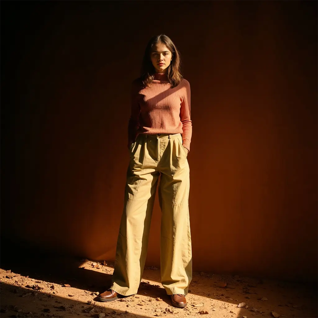 a woman standing in a room with a dark background