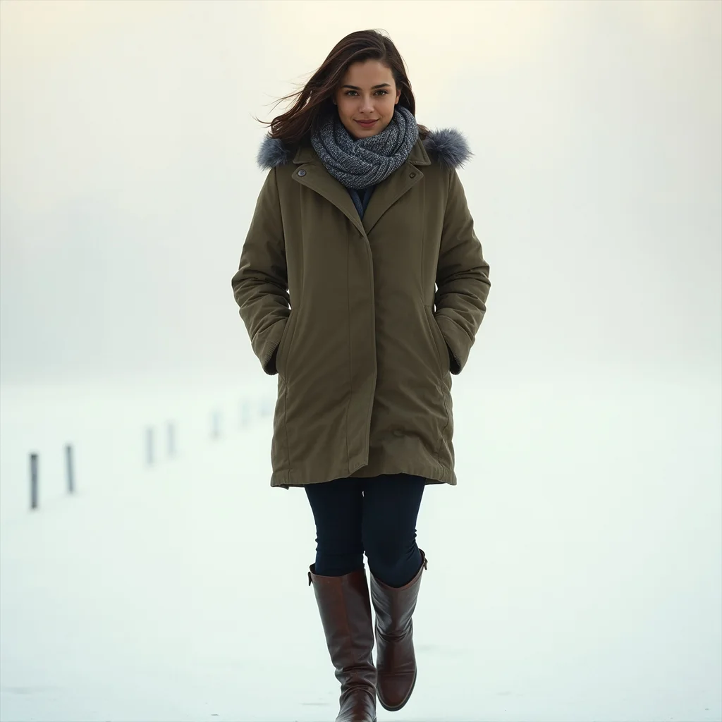 a woman in a coat and boots walking in the snow